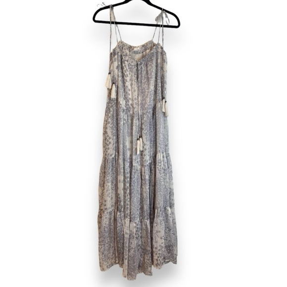 FleaStyle Grey Star Printed Tiered Chiffon Maxi Dress w/ smocked neck & Tassels - Picture 2 of 11